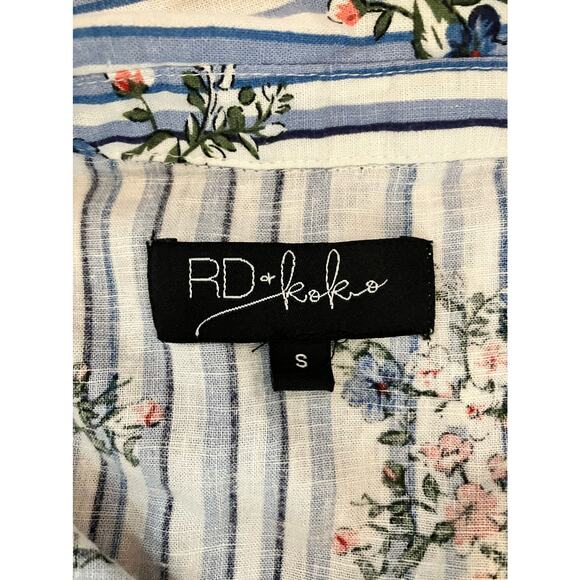 RD & Koko Floral Blue White Striped Linen Blouse Small - Picture 3 of 4